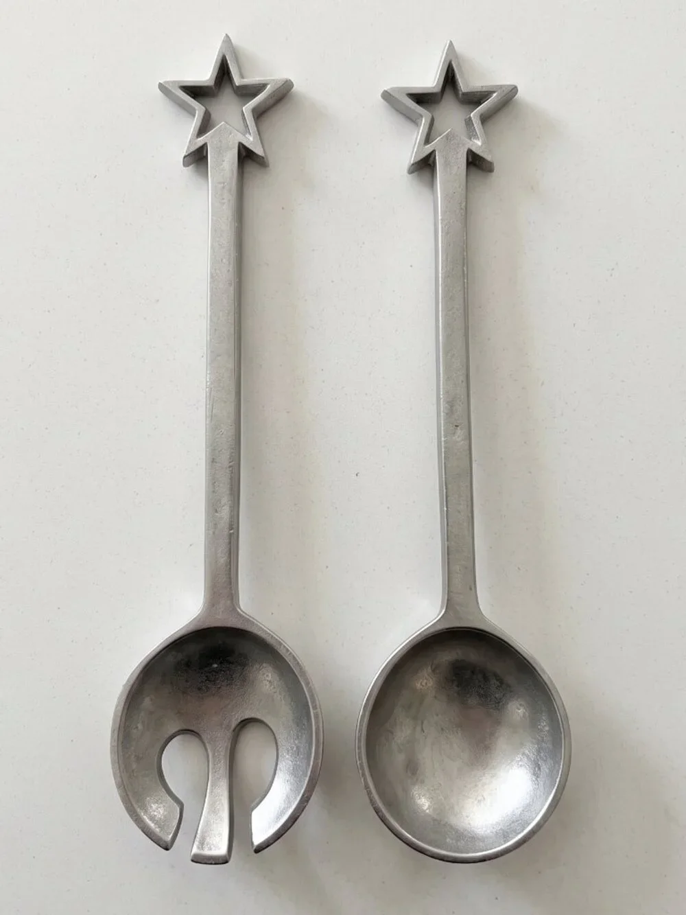 Vintage MCM Cast Aluminum Star Handle Salad Serving Set Spoon Fork 13” Silver To